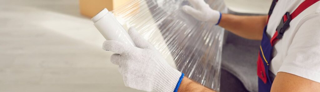 Delivery professional carefully moving wrapped furniture into a home representing white glove delivery service by My Home Delivery